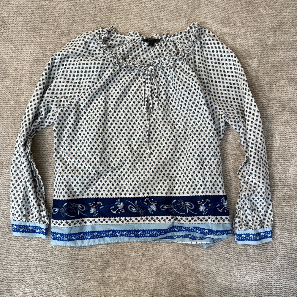 J.Crew Re-Imagined Blue Border Print Cotton Peasant Blouse Size Large Boho